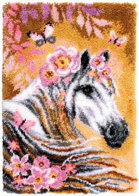 Knooptapijt kit Paard met bloemen
