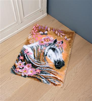 Knooptapijt kit Paard met bloemen