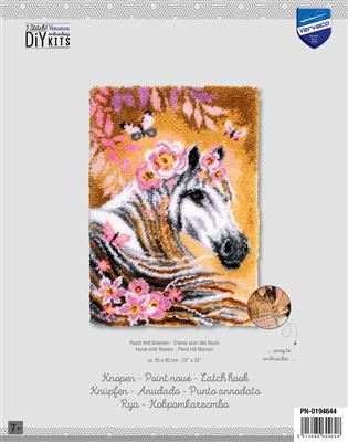 Knooptapijt kit Paard met bloemen